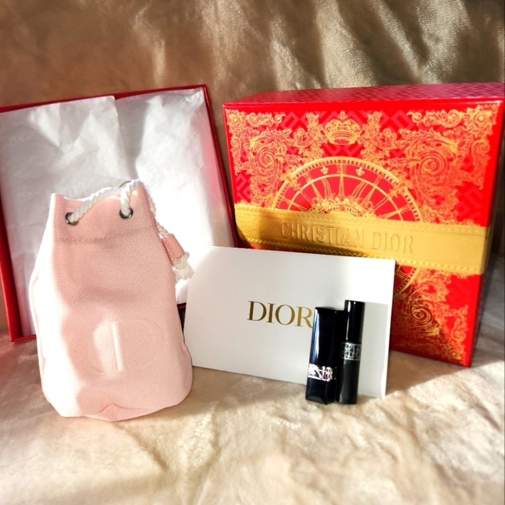Dior Pink Drawstring Bag with Lipstick, Mini Mascara, Envelope & Box